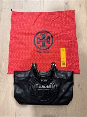 Tory Burch Black Leather Bombe Burch Logo Tote